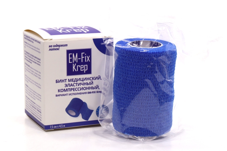 Медицинский бинт EM-Fix Krep эластичный компресс стягивающий 7,5 смх4,5 м синий