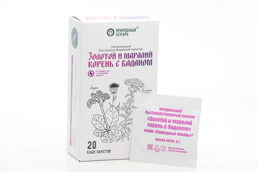 Золотой и Маралий корень с баданом Природный лекарь напиток быстрораств, 2 г, 20 шт, саше
