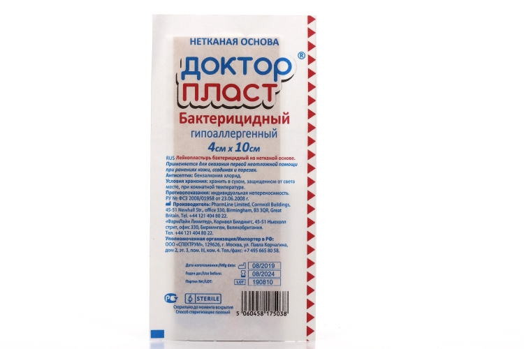 Пластырь Доктор Пласт бактериц 4х10 см, неткан осн