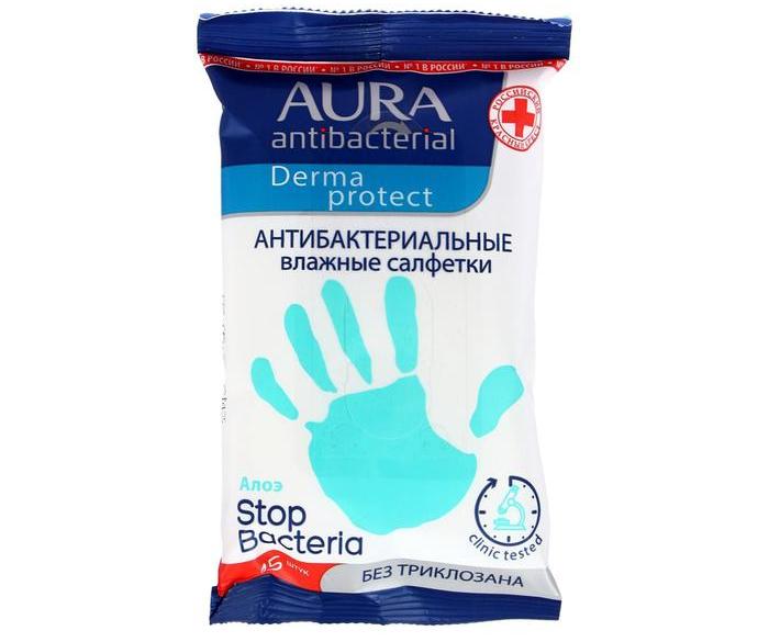 Влажные салфетки Aura Алоэ, антибактериальные, 15 шт.