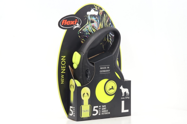 Поводок-рулетка Flexi new neon tape L 5 м 50 кг черный с желтым