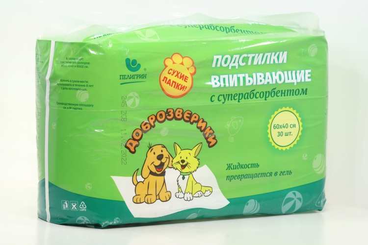 Пеленки Доброзверики д/животных впитывающие одноразовые c суперабсорбентом 60х40 см 30 шт